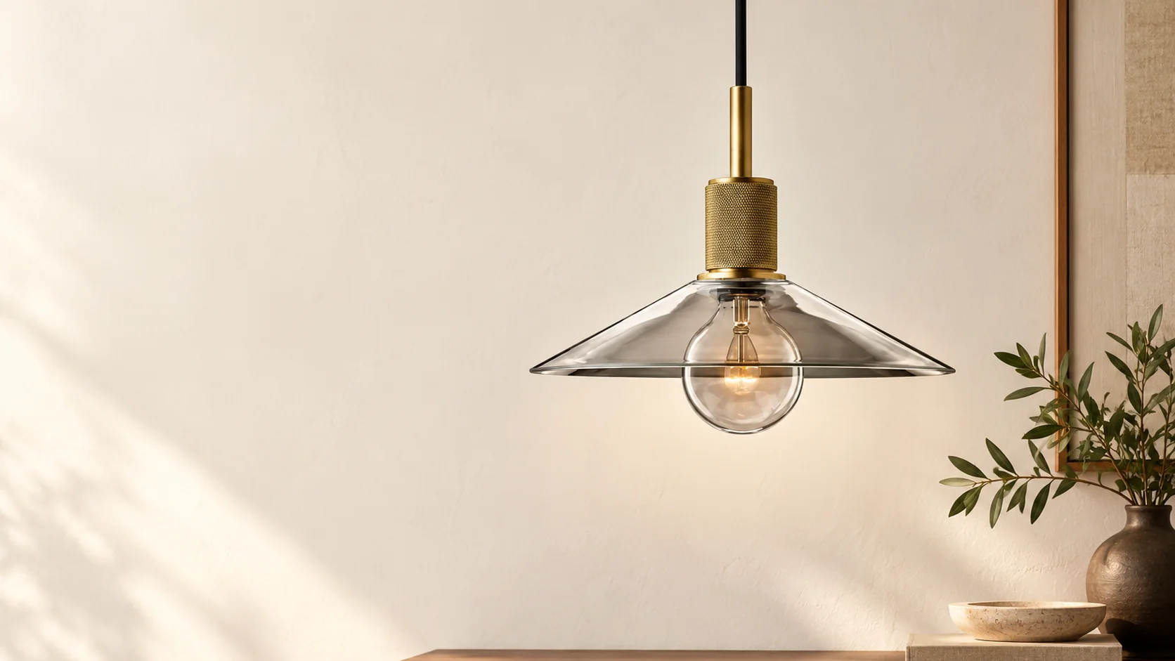 Metal Slope Shade Pendant Lamp with clear glass shade and brass-toned sockethero_1